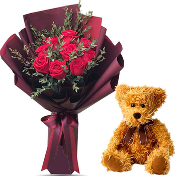 1 Dozen Red Roses with Small Bear - Japan Gift Shop