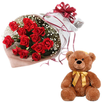 12 Roses Bouquet With Teddy Bear - Japan Gifts Online