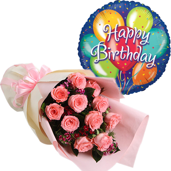 Japan Florist Shop – 12 Pink Roses with Birthday Mylar Balloon