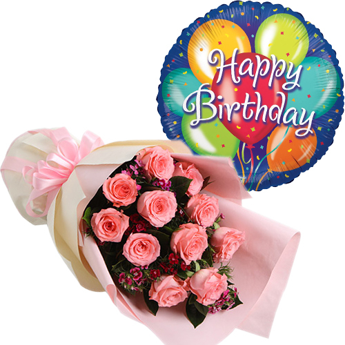 Japan Florist Shop – 12 Pink Roses with Birthday Mylar Balloon